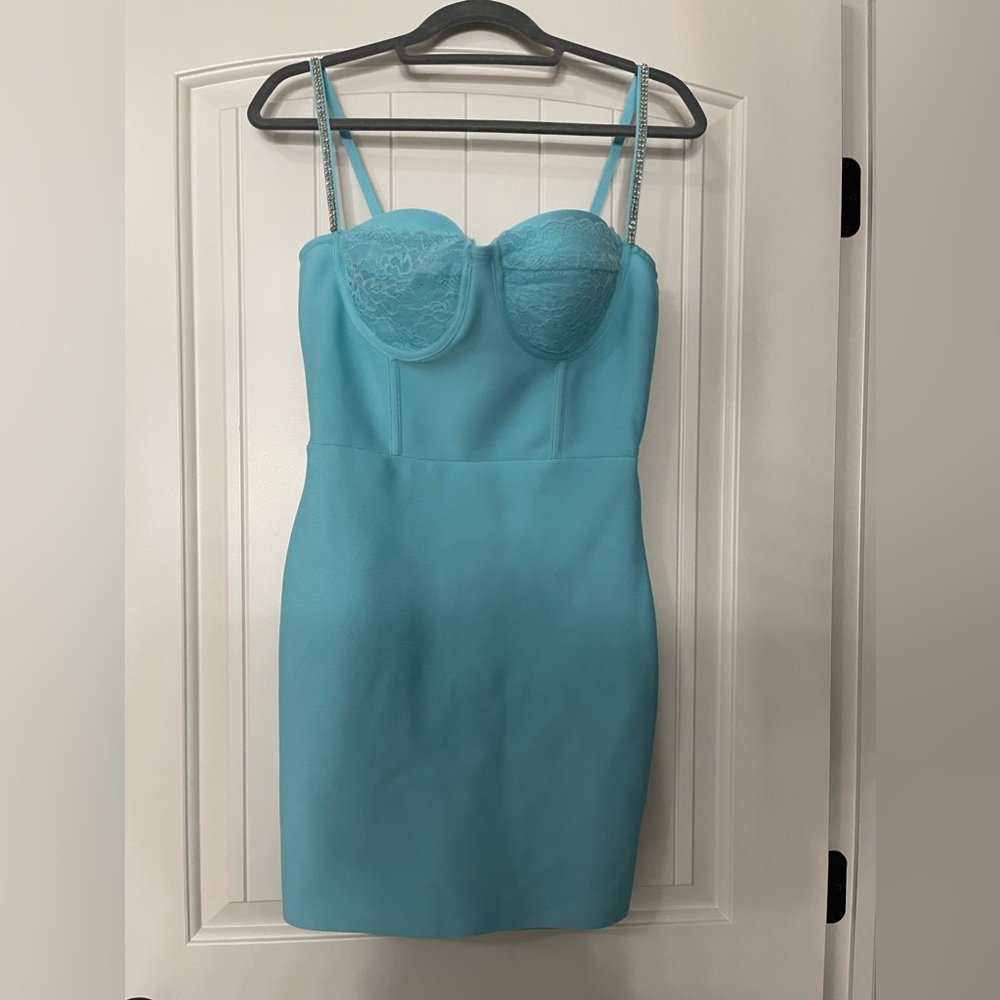 Fashion Nova Blue Bandage Dress with Lace Detail